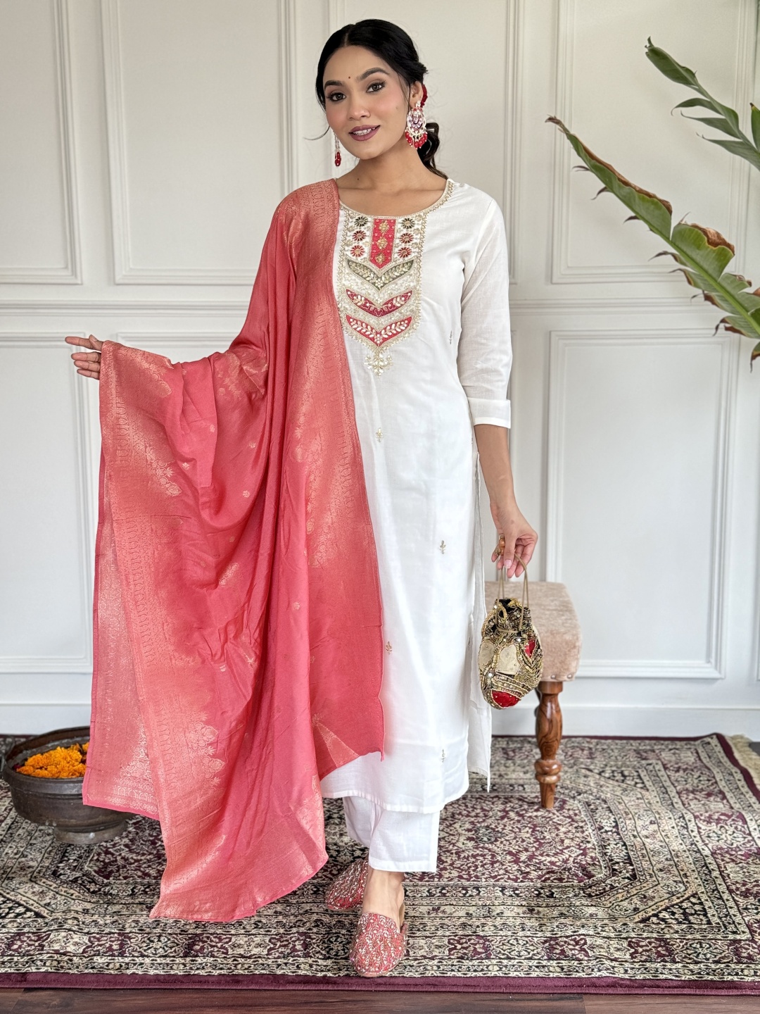 

JAPNAAM Floral Embroidered Sequinned Round Neck Kurta With Trousers & Dupatta, Peach