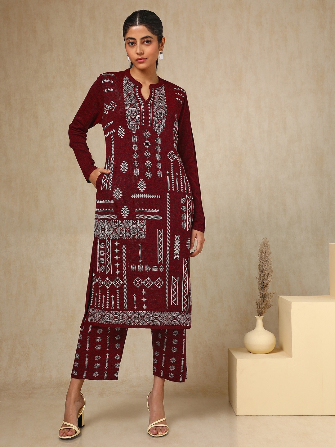 

Soch Maroon Geometric Woven Design Mandarin Collar Acrylic Straight Kurta With Trouser