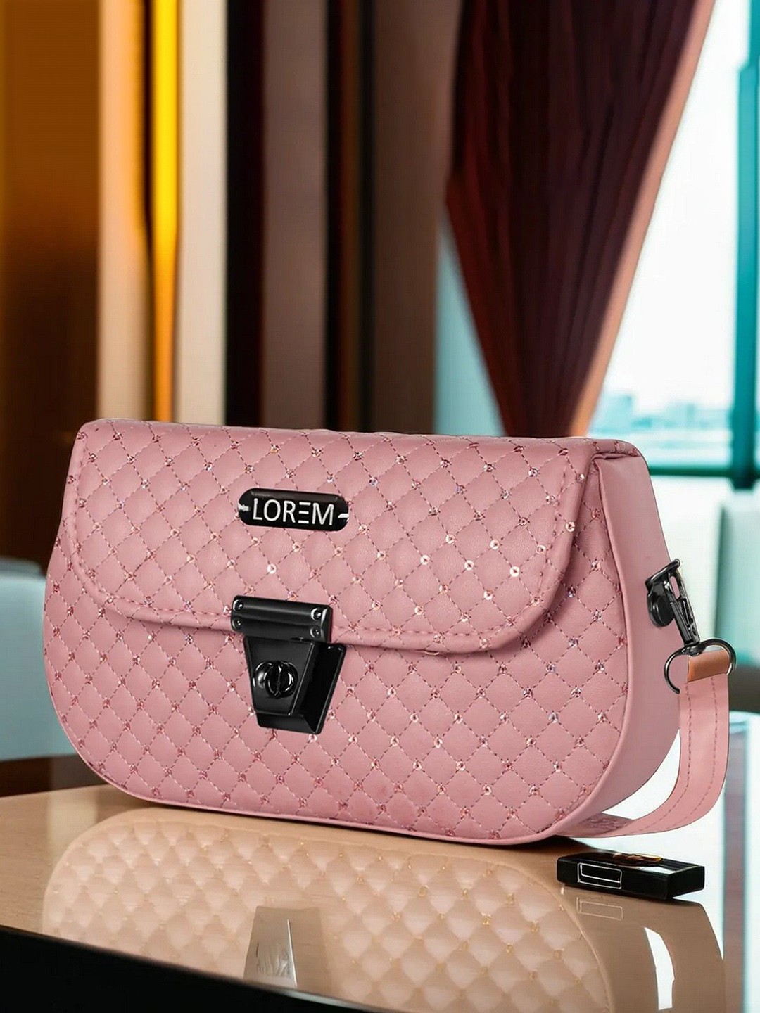 

LOREM Women Solid Miniature Leather Sling Bag, Peach