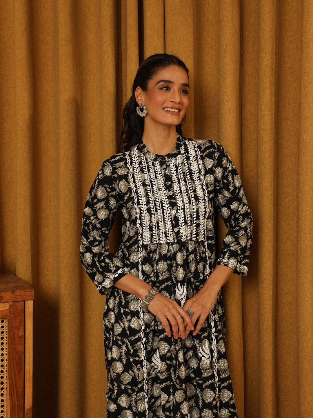 

House of Chikankari Women Ethnic Motifs Printed Chikankari Kurta, Black