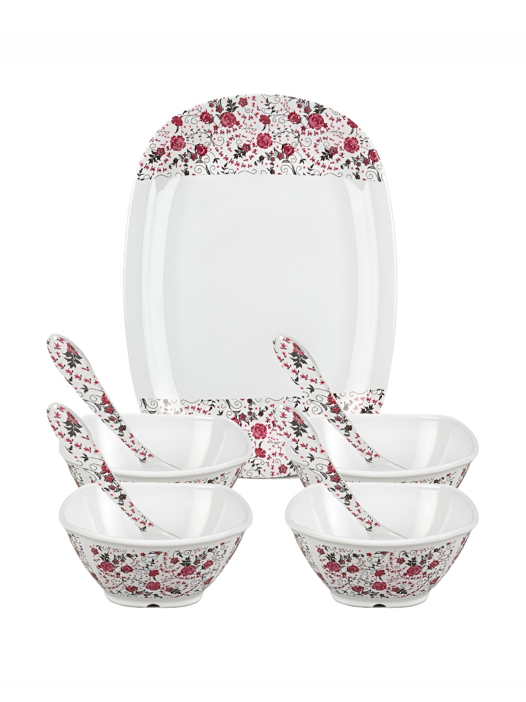 

Bataniya White and Pink 9 Pieces Floral Printed Melamine Dinner Set