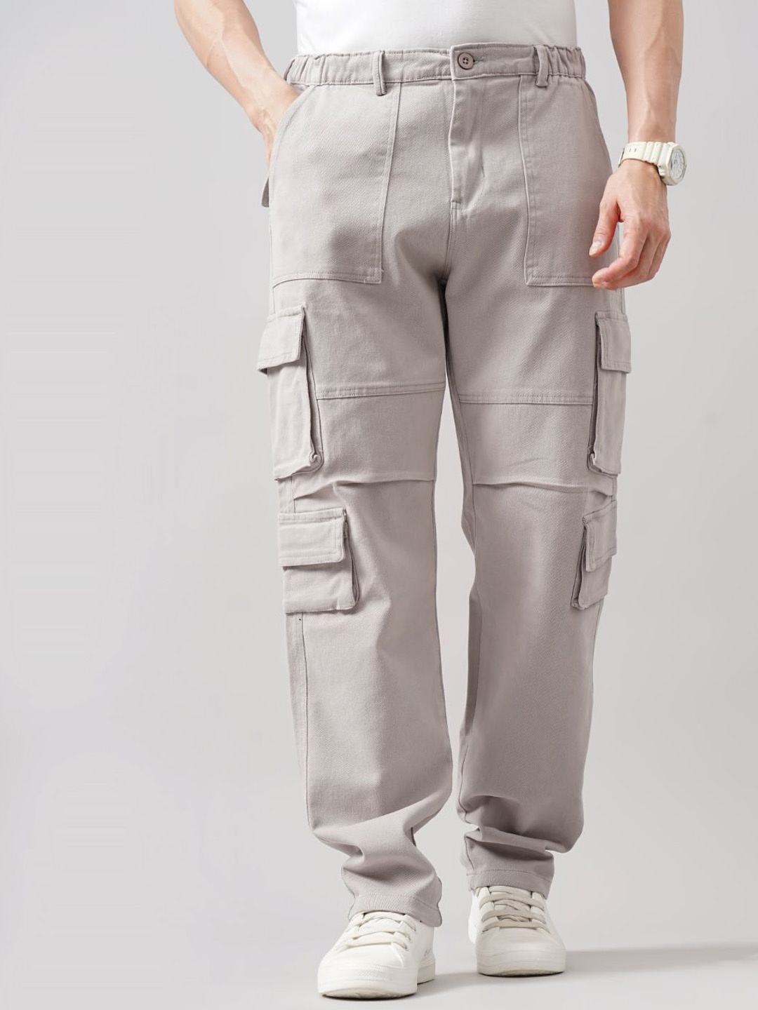

PAUL STREET Men Cotton Relaxed Mid-Rise Loose Fit Cargos Trousers, Grey