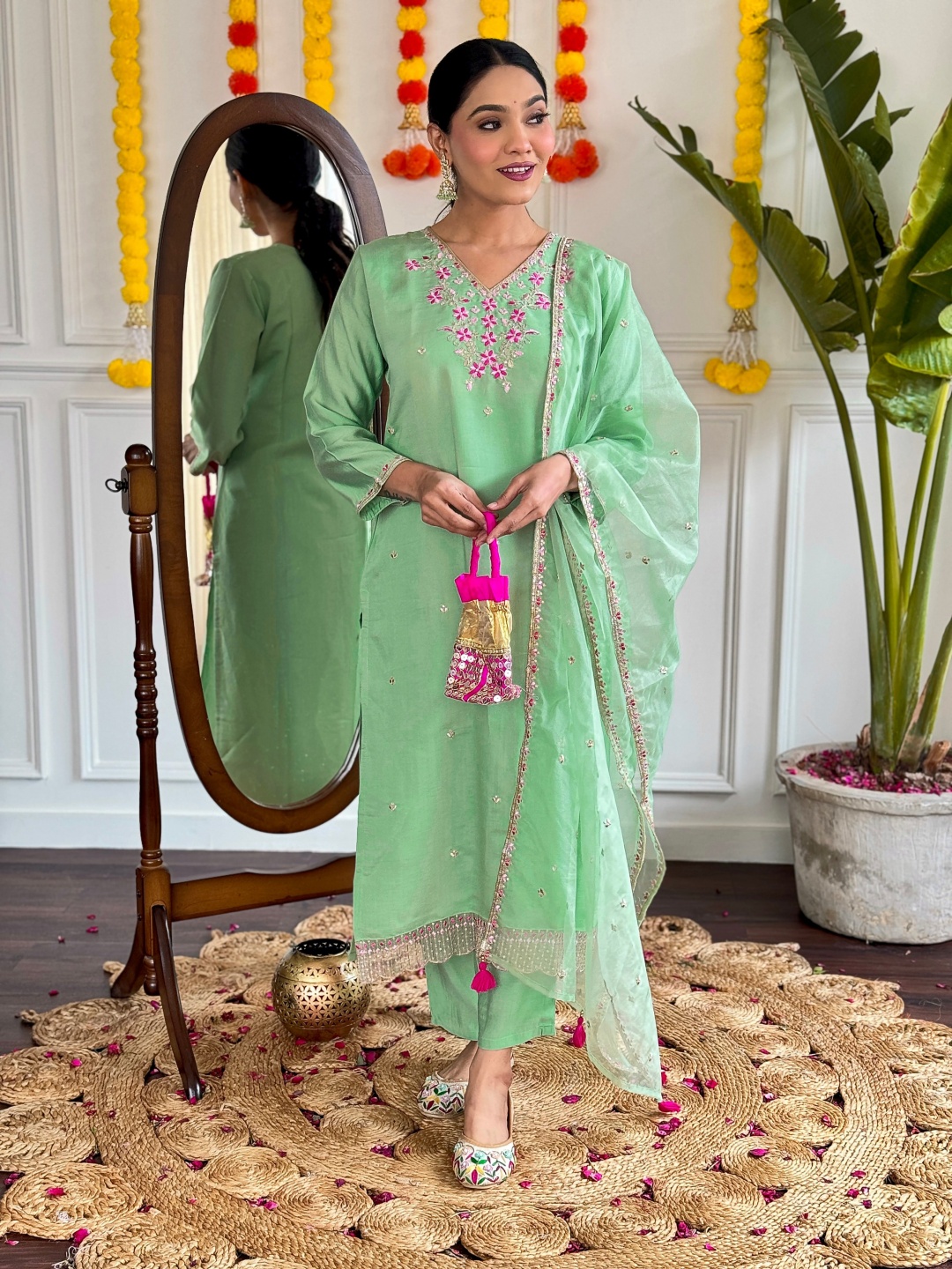 

KALINI Floral Embroidered Sequinned Chanderi Silk Straight Kurta With Trouser And Dupatta, Green