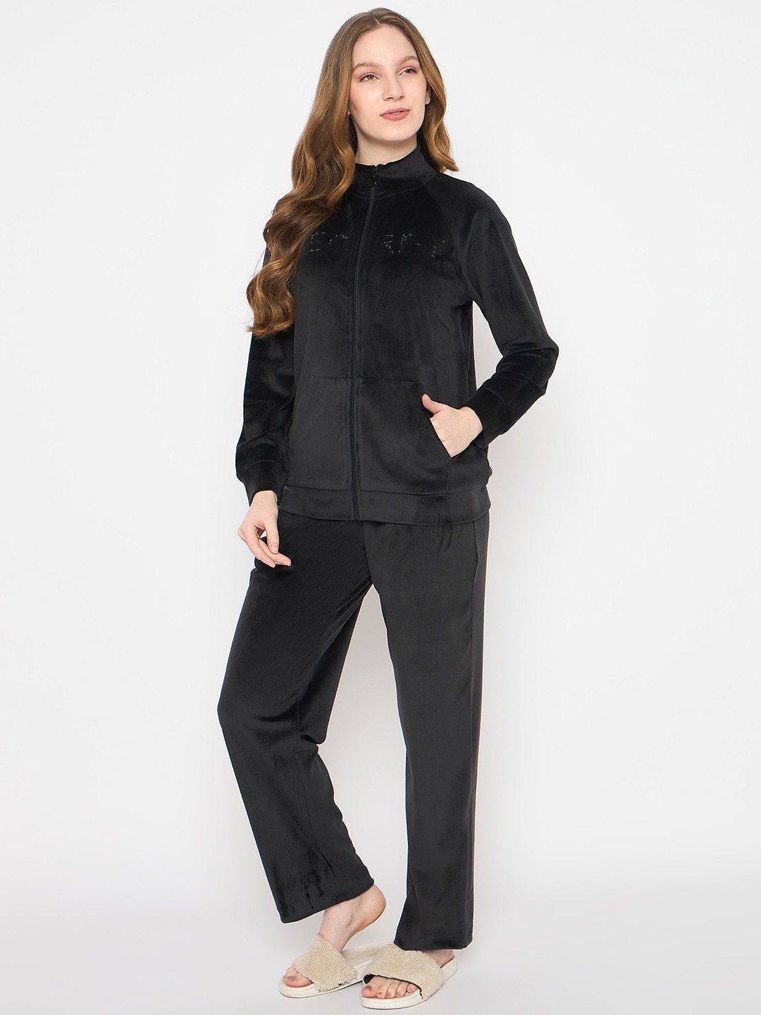 

MADAME M SECRET Women Mandarin Collar Night suit, Black