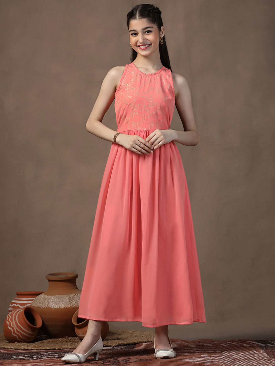 

Sangria Girls Printed Fit & Flare Maxi Dress, Peach