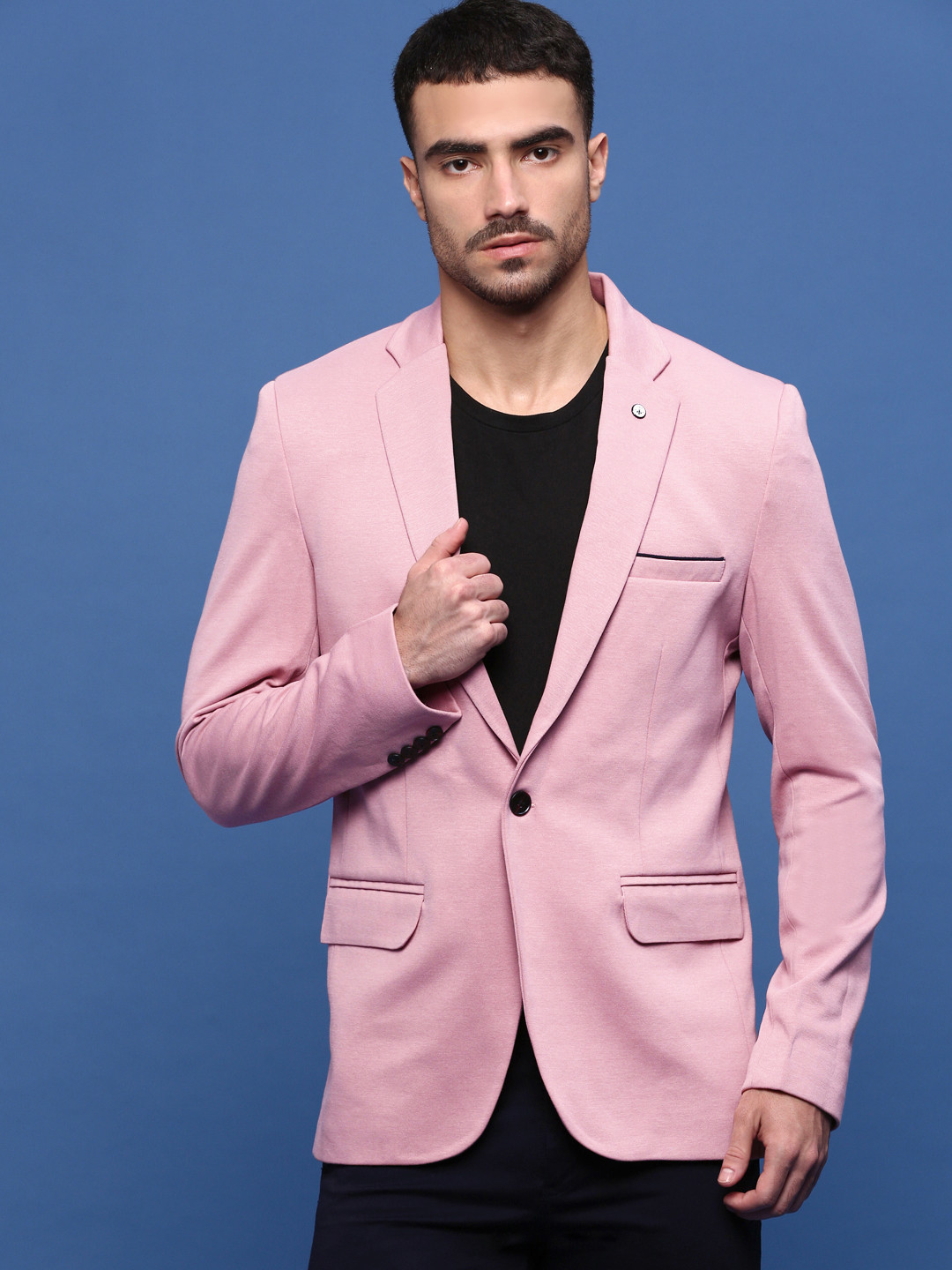 

SHOWOFF Notched Lapel Collar Cotton Singel-Breasted Blazer, Pink