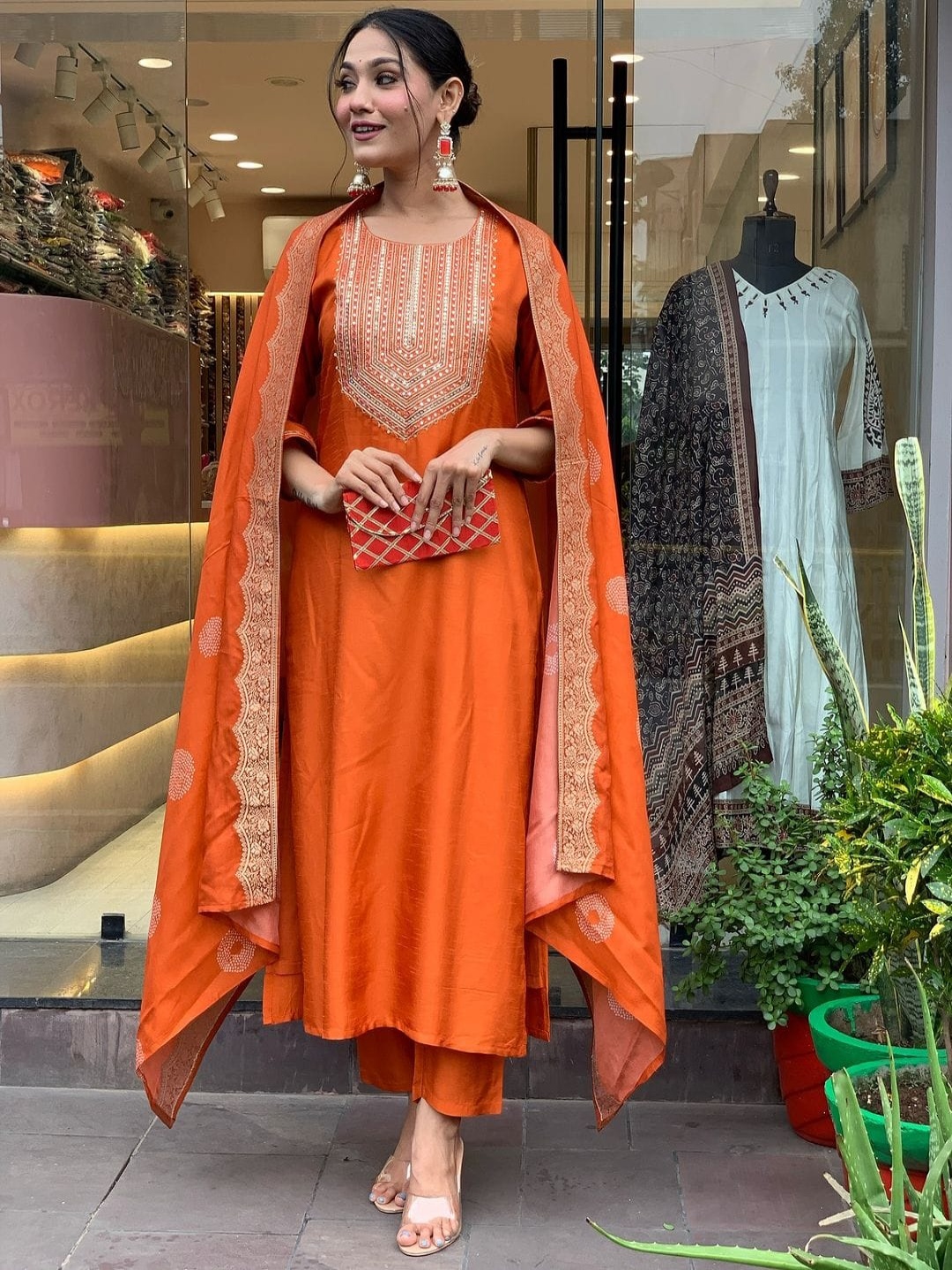 

KALINI Floral Yoke Design Thread Work Straight Kurta With Trousers And Dupatta, Orange