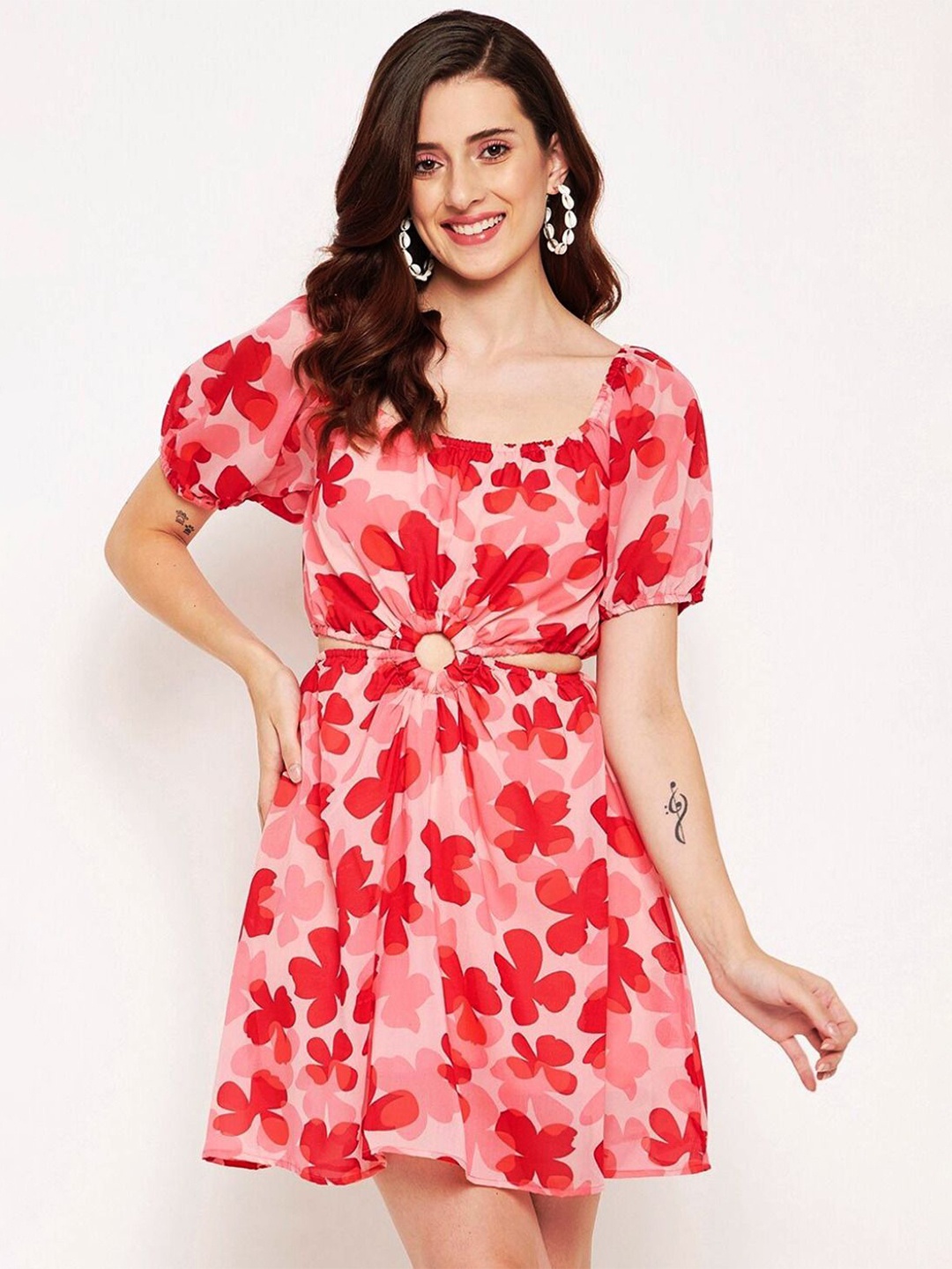 

Louis Bayrad Floral Print Georgette Fit & Flare Square Neck Dress, Red