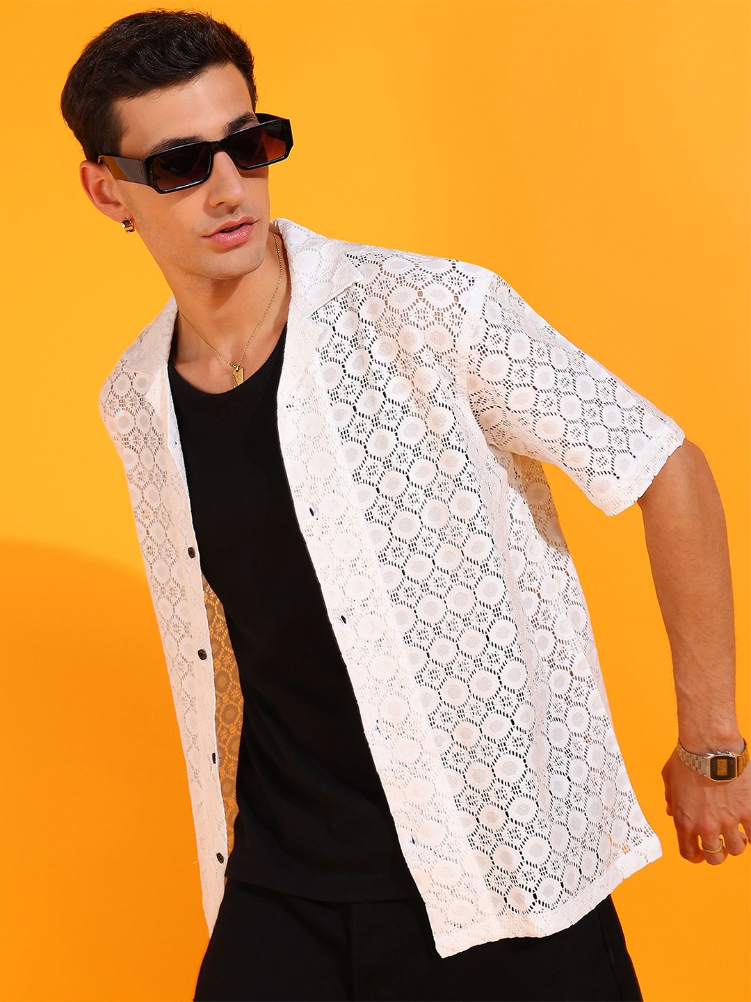 

INDICLUB Men Relaxed Fit Cuban Collar Textured Casual Shirt, White