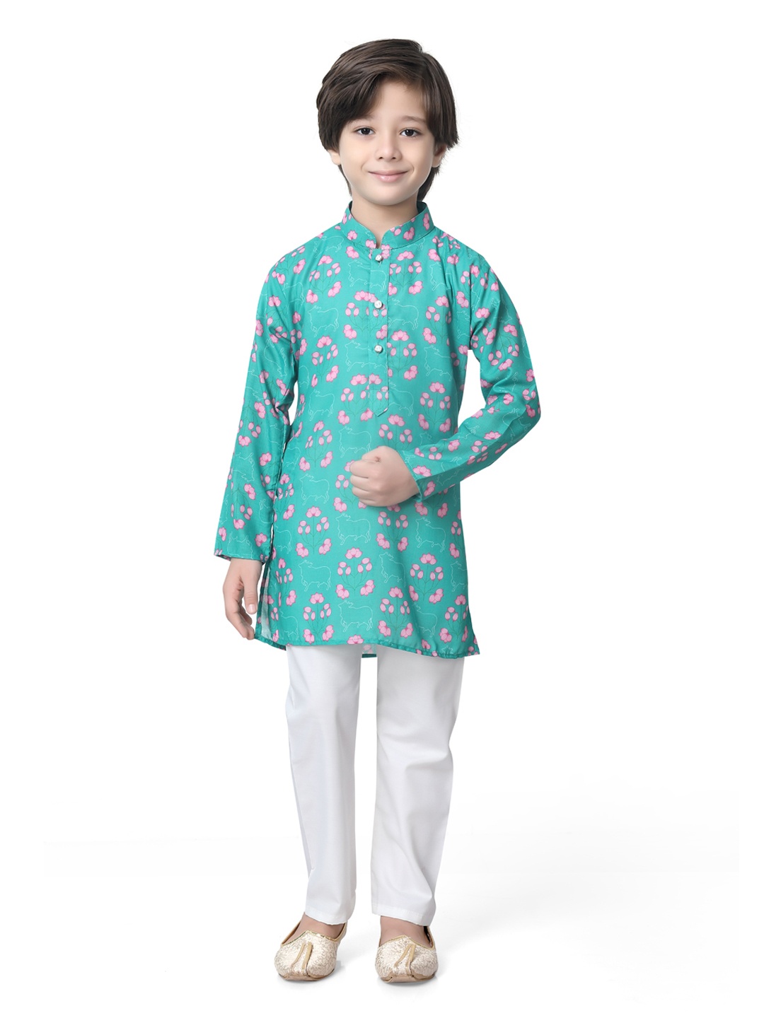 

earth conscious Boys Floral Printed Mandarin Collar Straight Kurta With Pyjamas, Green