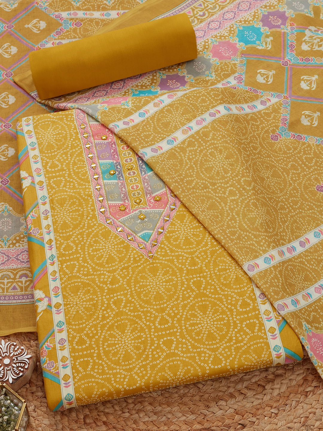 

Soch Bandhani Printed Mirror Work Unstitched Dress Material, Yellow