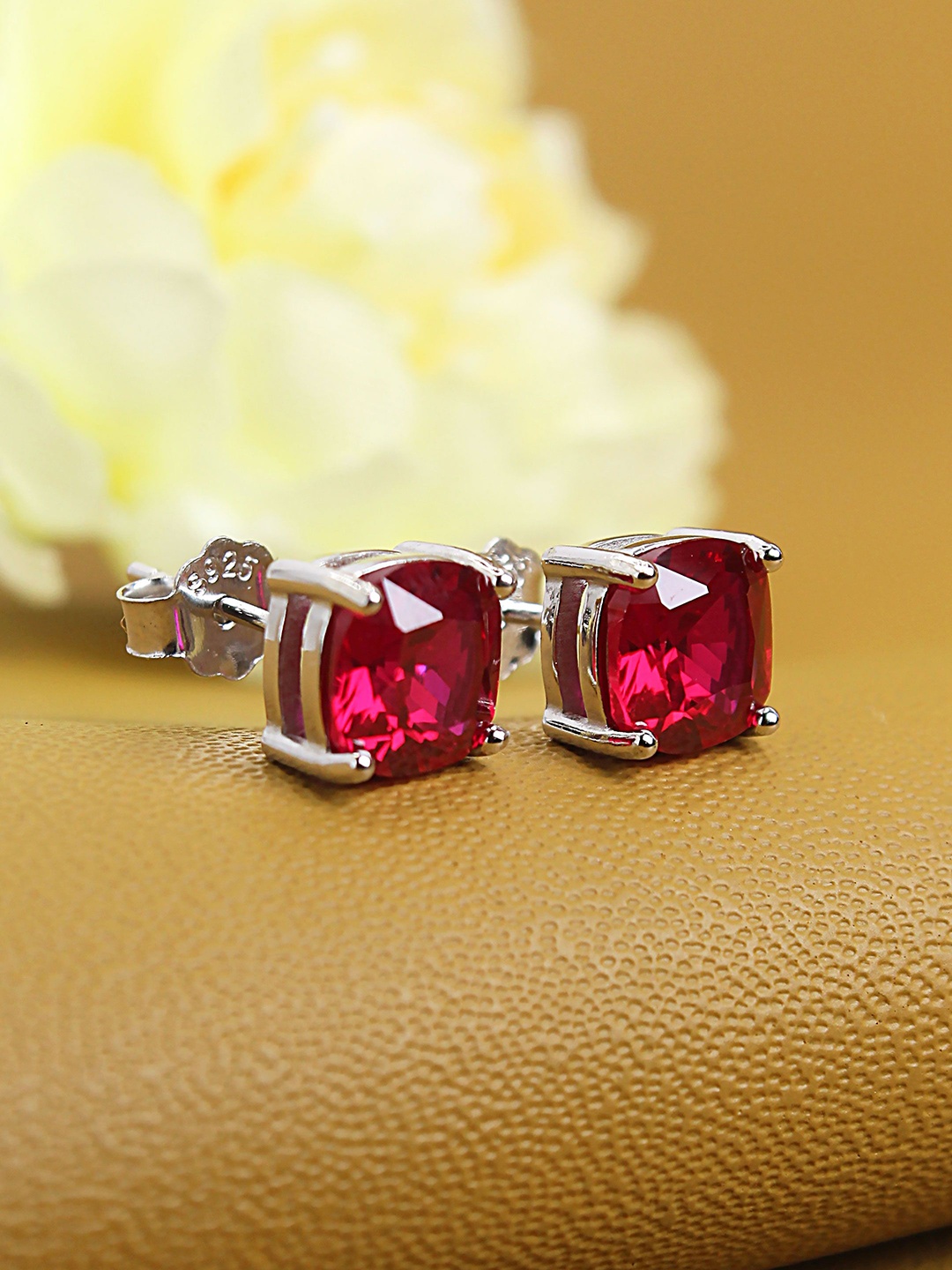 

DEVASHREE 925 Sterling Silver Rhodium-Plated Cubic Zirconia Studded Classic Studs, Red