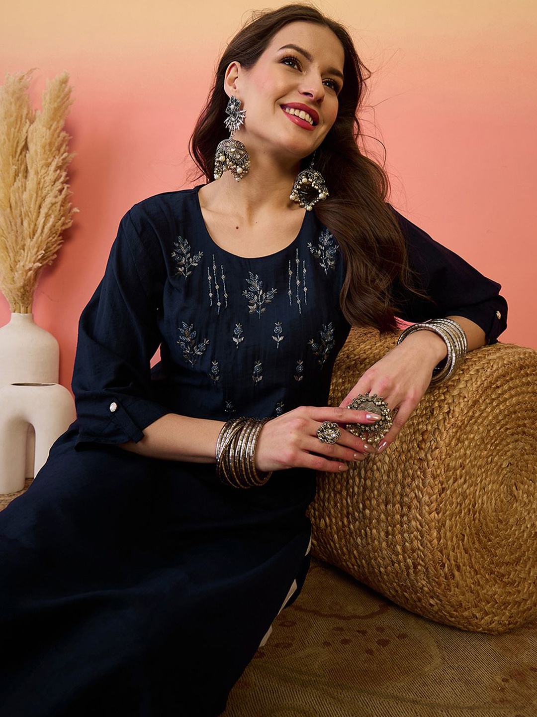 

Anouk Rustic Floral Embellished Round Neck Straight Kurta, Navy blue