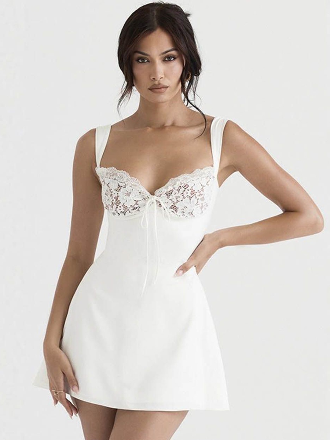 

StyleCast Women Solid A-Line Shoulder Straps Sweetheart Neck Mini Dress, White