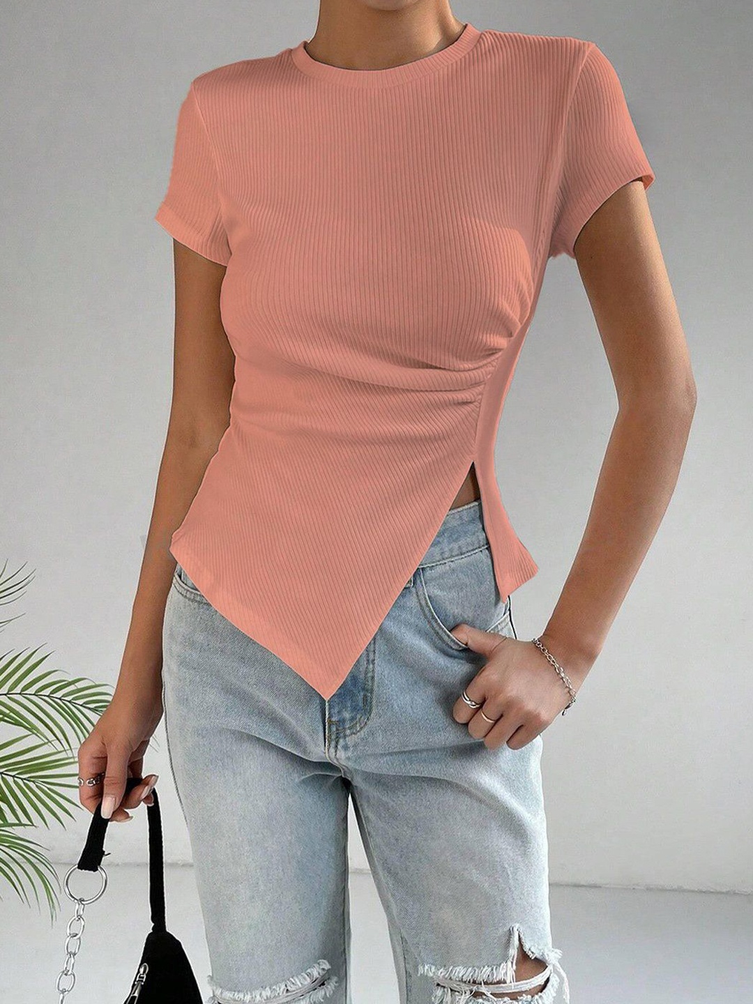 

Moda Rapido Women Ribbed Ruched Asymmetric Hem Top, Peach