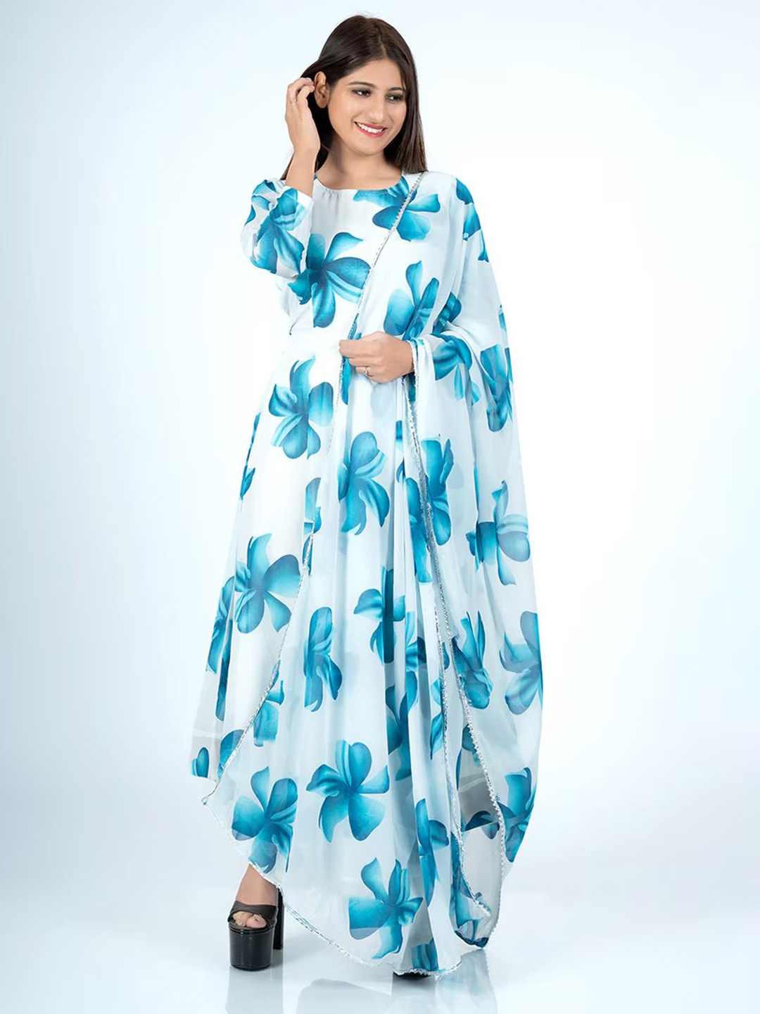 

Raiyani Enterprise Floral Print Crepe Fit & Flare Maxi Dress, Blue