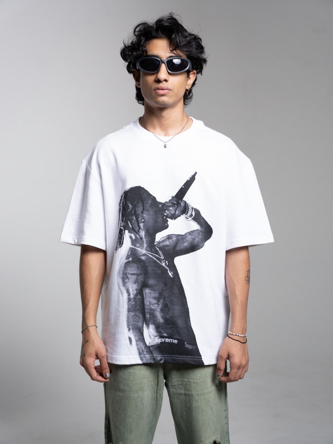

Altstreetz Men Graphic Printed Round Neck Cotton Oversized T-shirt, White
