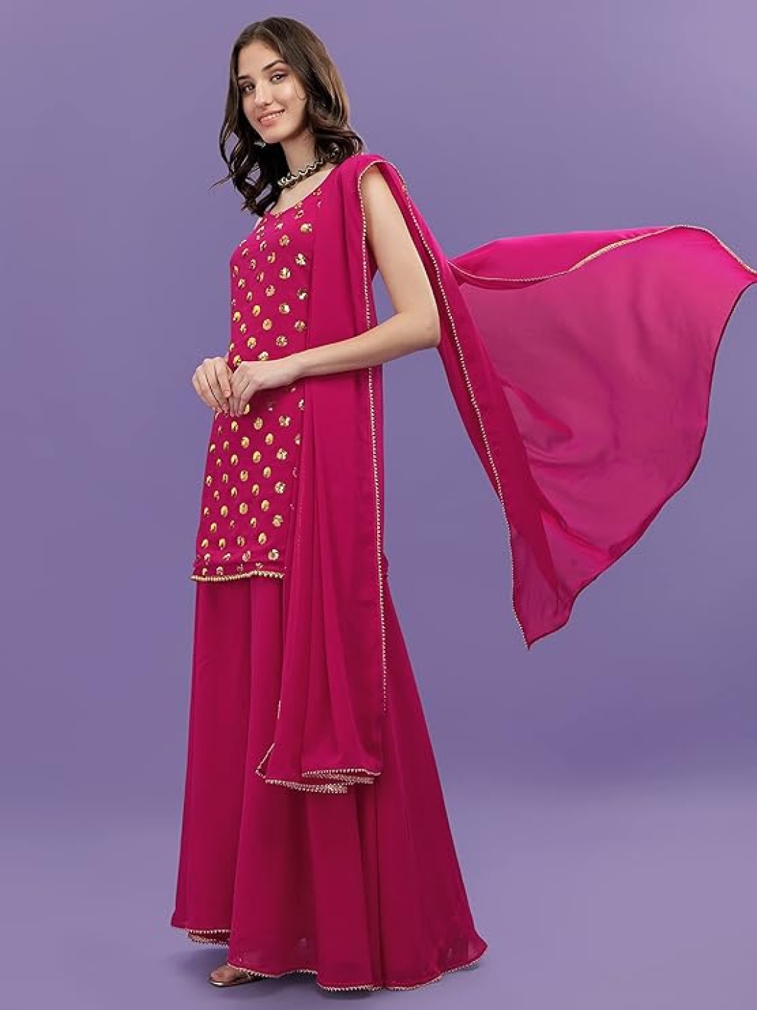 

PARROT CREATION Women Embroidered Regular Sequinned Kurti with Sharara & With Dupatta, Pink