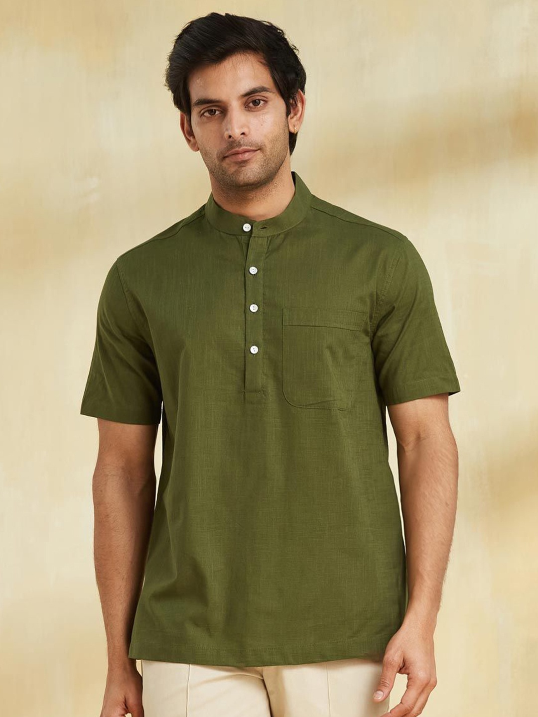 

Fabindia Men Relaxed Fit Band Collar Solid Cotton Casual Shirt, Olive