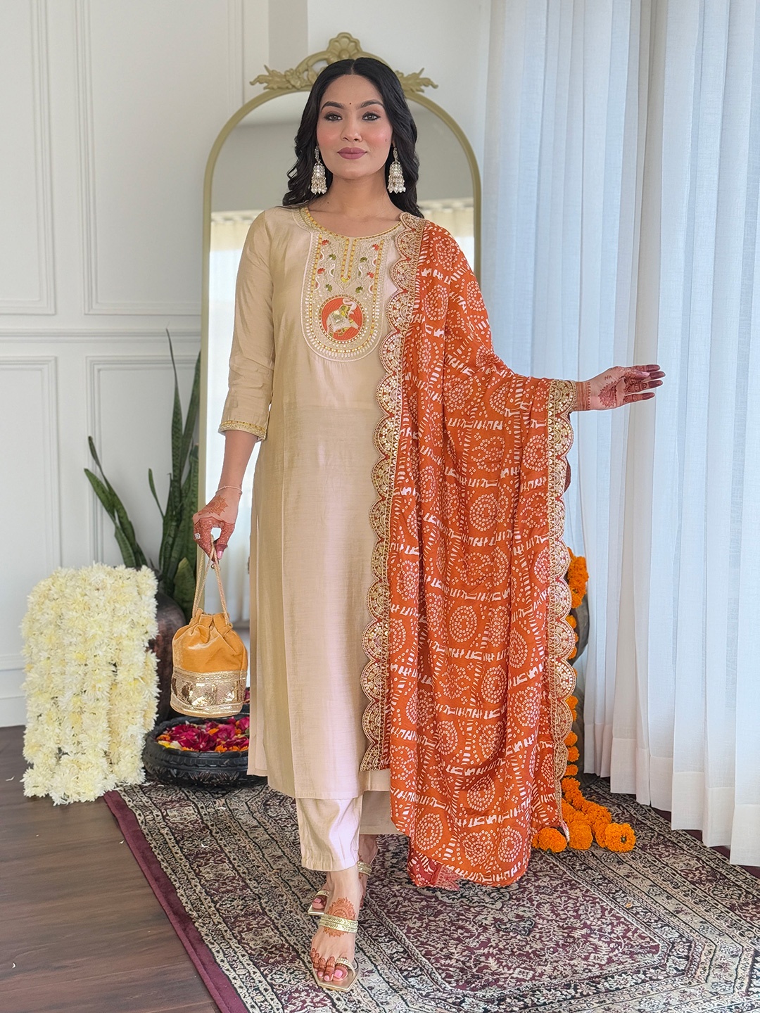 

KALINI Floral Embroidered Sequinned Round Neck Straight Kurta With Trousers And Dupatta, Beige