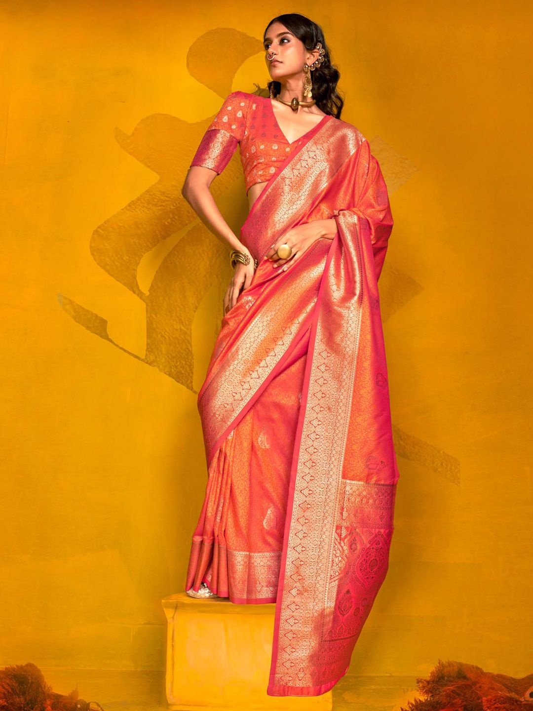 

Mitera Woven Design Zari Silk Blend Banarasi Saree, Orange