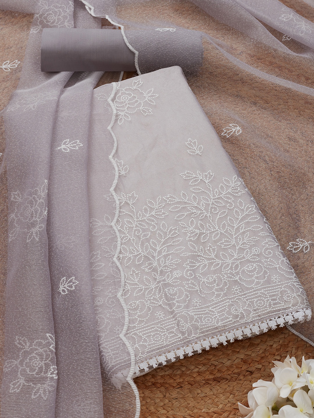 

Soch Floral Embroidered Thread Work Unstitched Dress Material, Grey