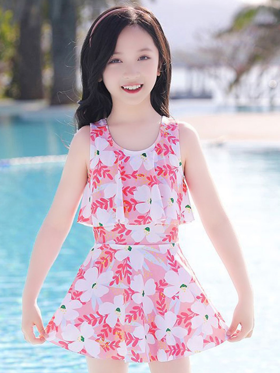 

YK Girls Printed Round Neck Swim Dress, Pink