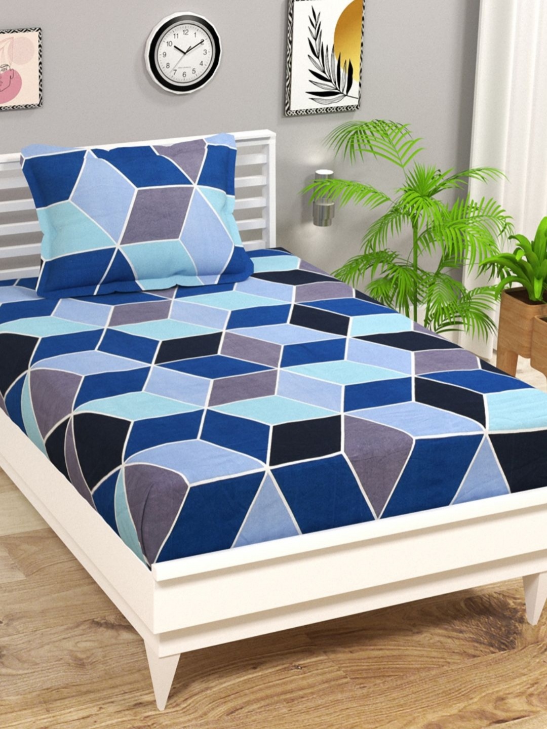 

bsb home Aspire Blue Geometric Printed Microfiber 144 TC Single Bedsheet Set 2.28m x 1.52m