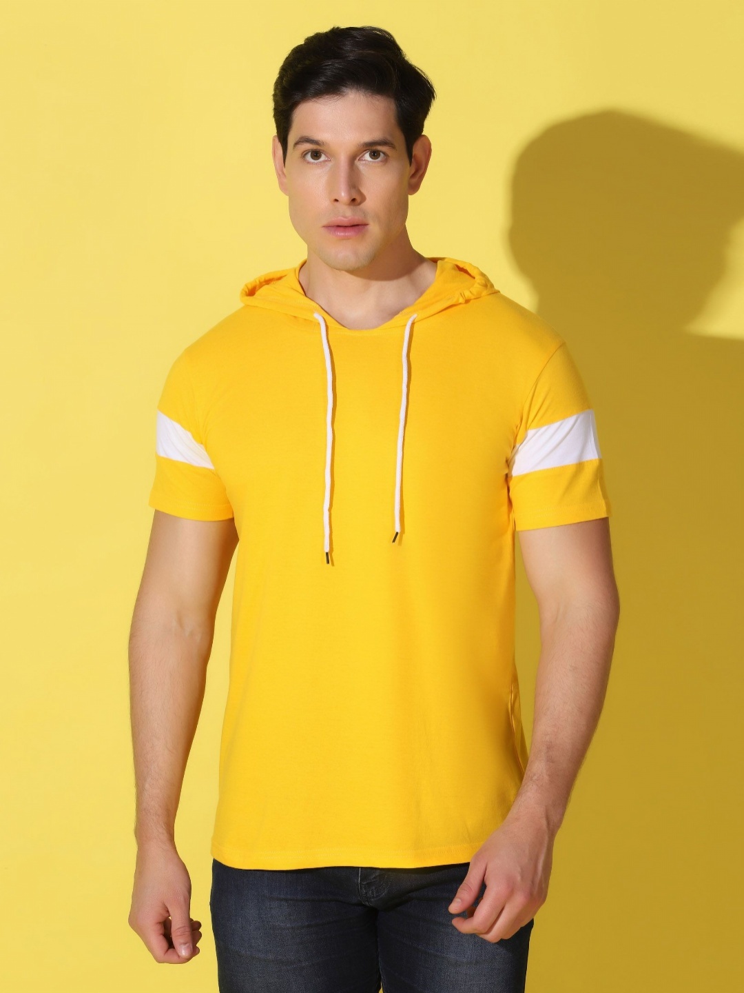 

WOOSTRO Men Striped Hood Cotton T-shirt, Yellow