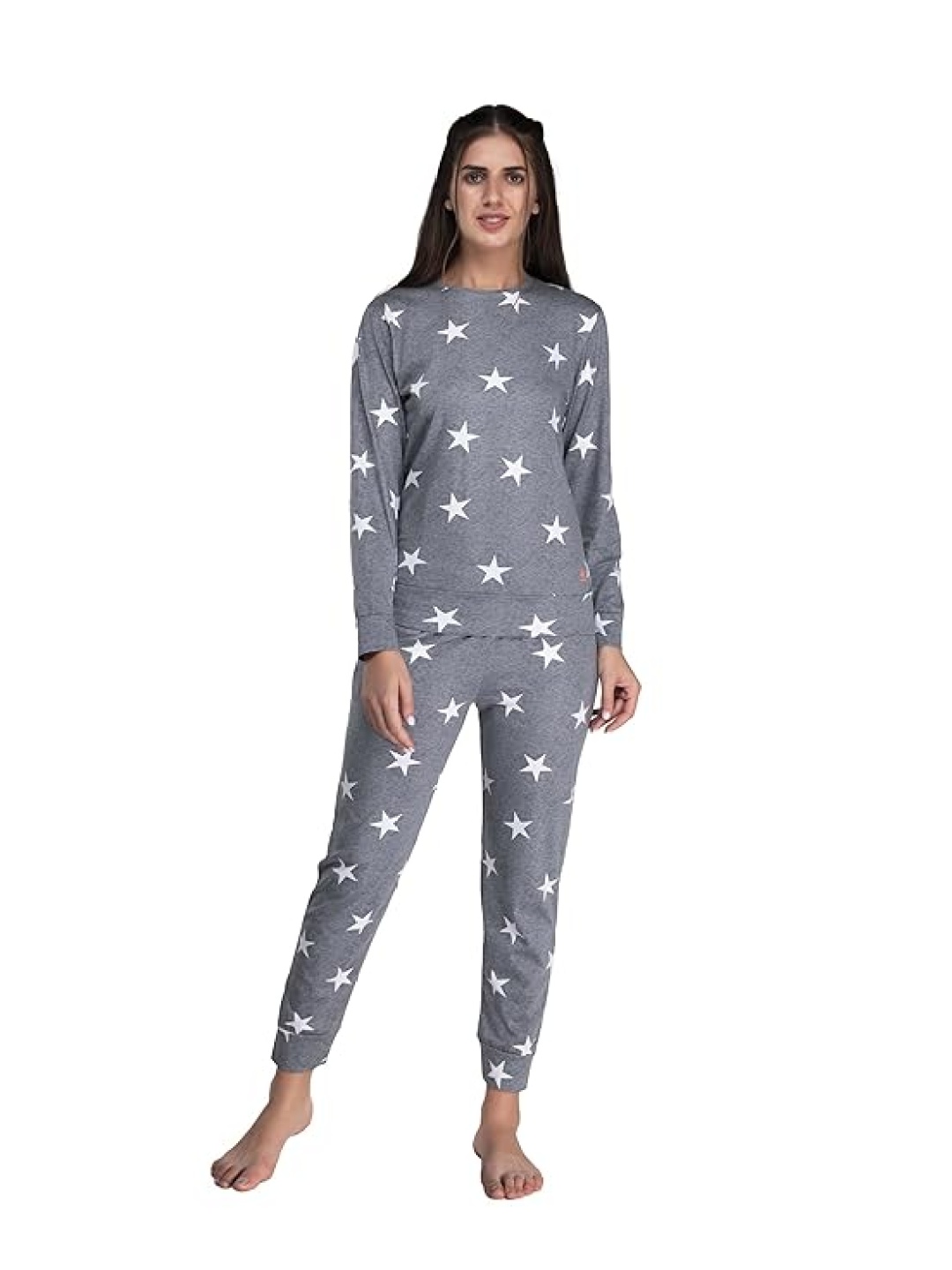 

evolove Women Pure Cotton Printed Night suit, Grey