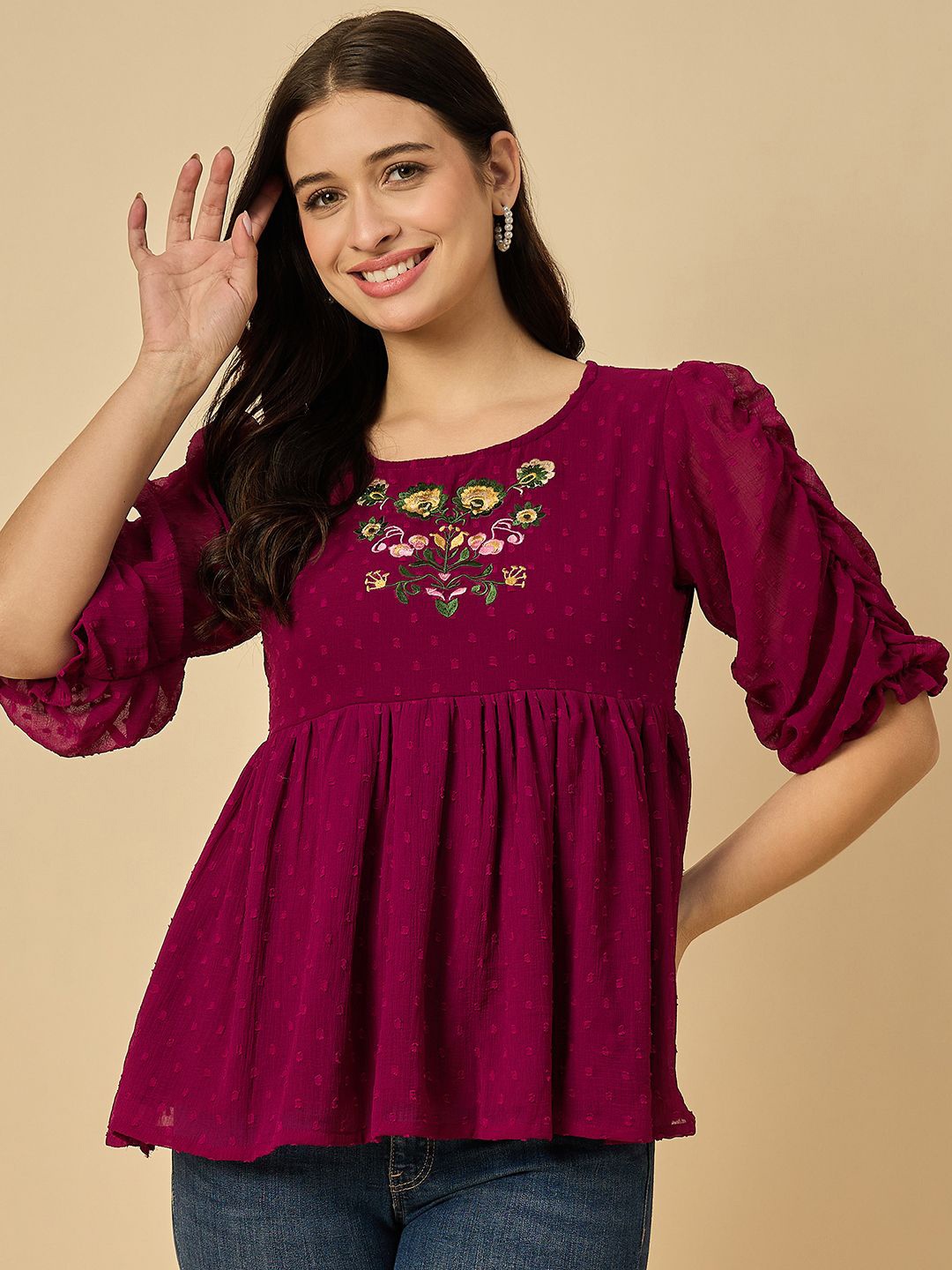 

Azira Embroidered Puff Sleeve Georgette Peplum Top, Maroon