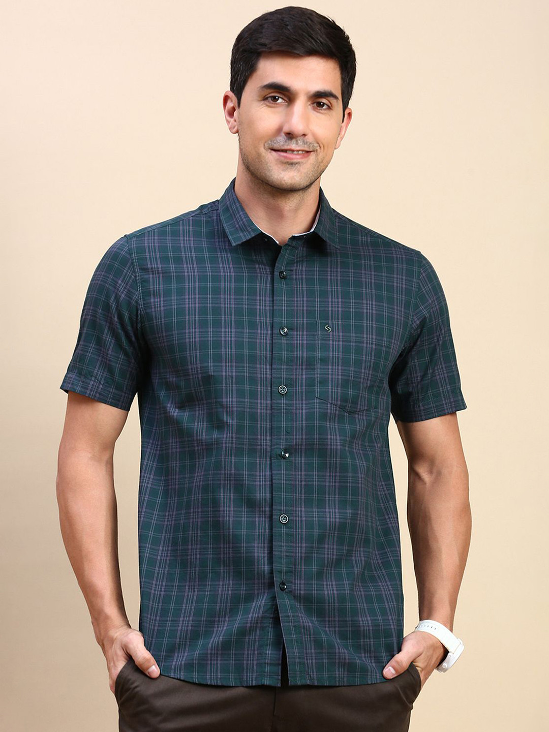 

Classic Polo Men India Slim Fit Spread Collar Checked Cotton Casual Shirt, Olive