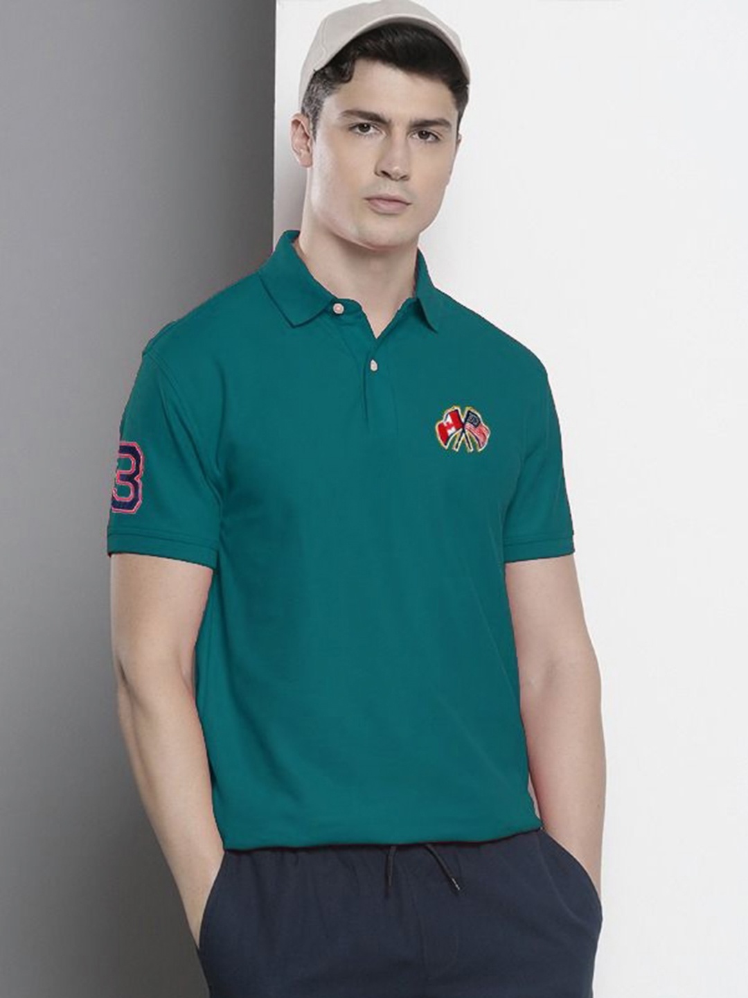 

MERRIMENT Men Solid Polo Collar Cotton T-shirt, Green