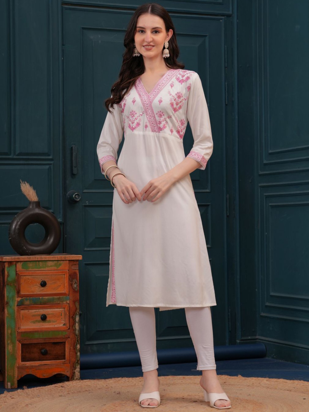 

KALINI Floral Embroidered V-Neck Sequinned A-Line Kurta, Pink