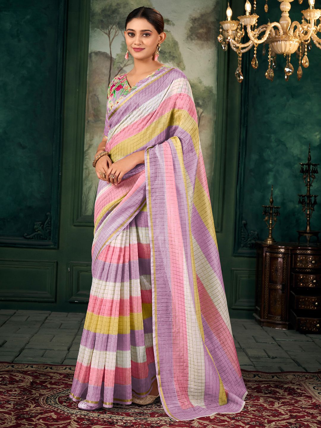 

LeeliPeeri Designer Checked Zari Linen Blend Chanderi Saree, Purple