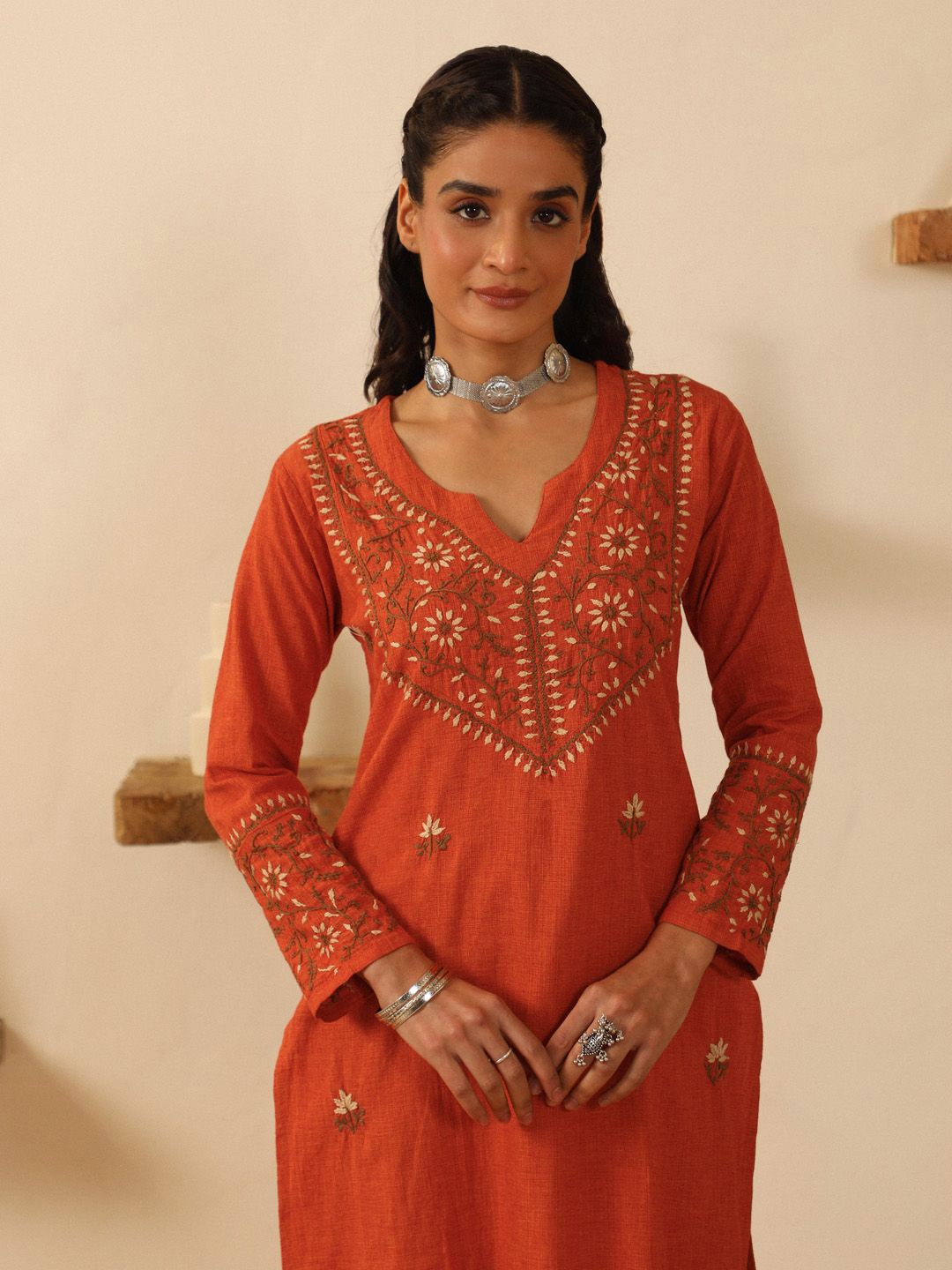 

House of Chikankari Women Embroidered Flared Sleeves Chikankari Kurta, Orange