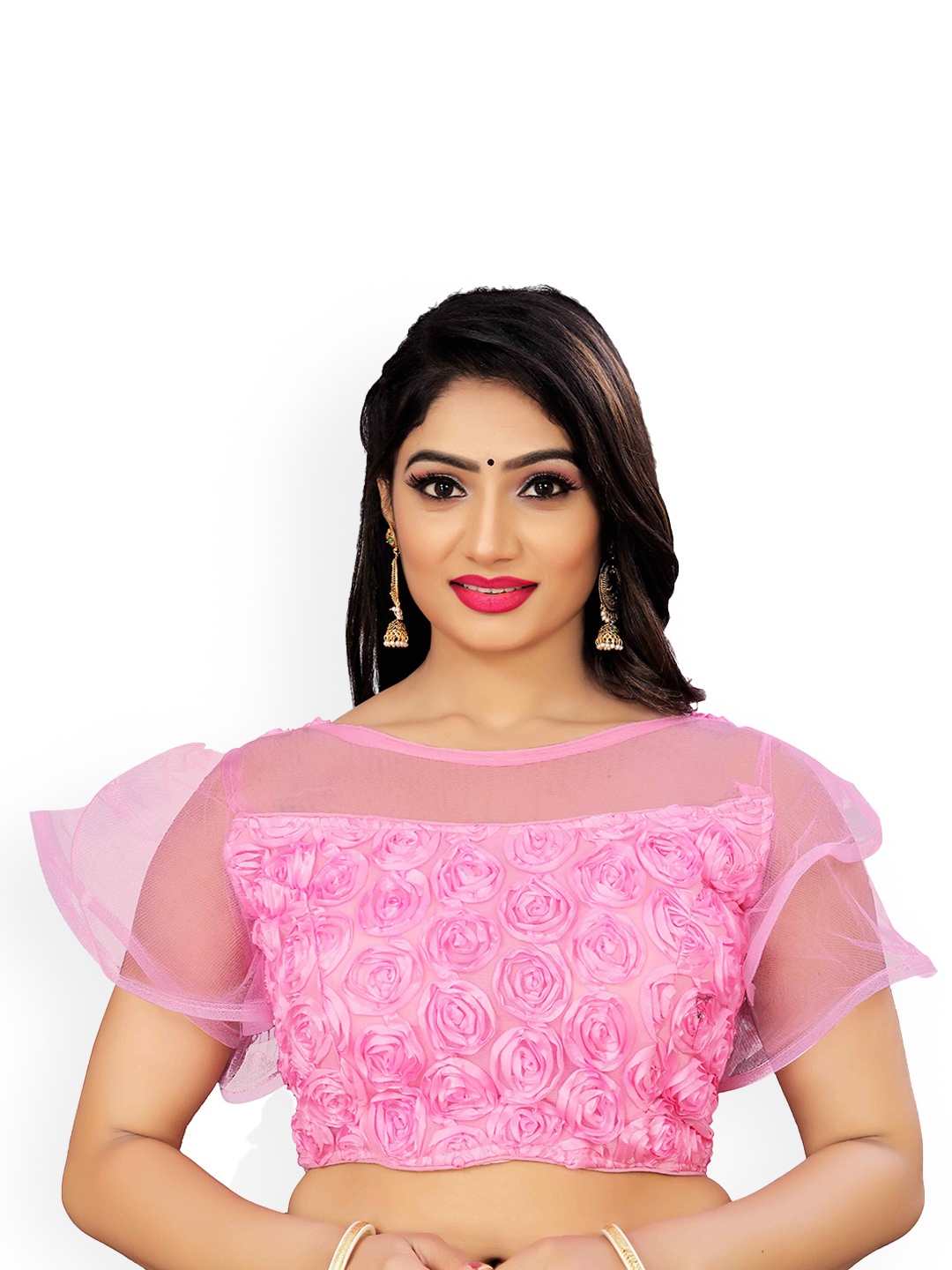 

HERE&NOW Embroidered Round Neck Net Flir Saree Blouse, Pink