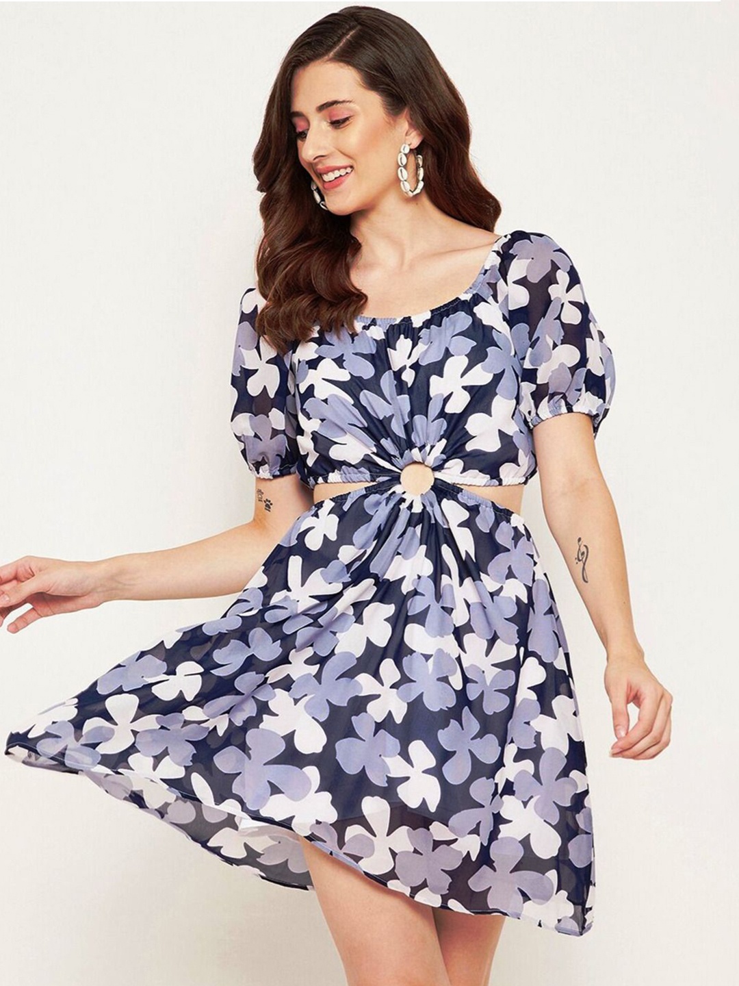 

Louis Bayrad Floral Print Georgette Fit & Flare Dress, Navy blue