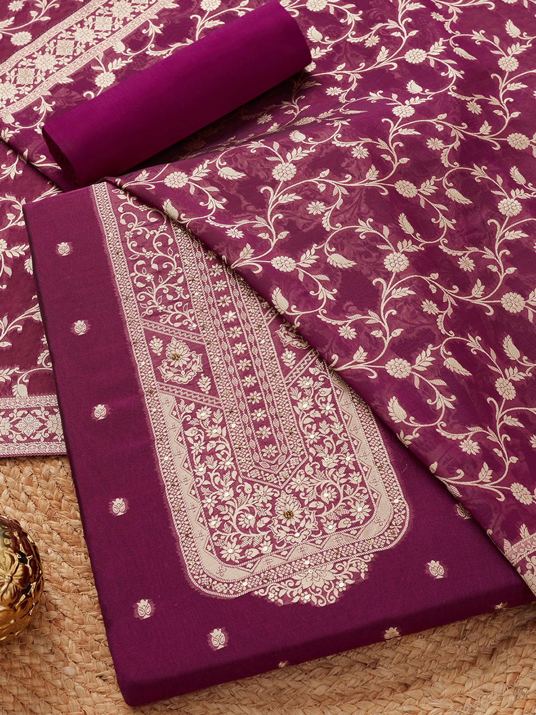 

Soch Floral Woven Design Sequinned Organza Unstitched Dress Material, Magenta