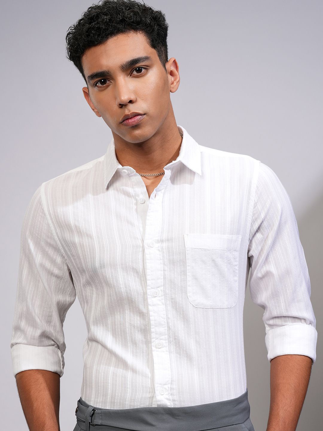 

HIGHLANDER Men Slim Fit Spread Collar Textured Cotton Casual Shirt, White