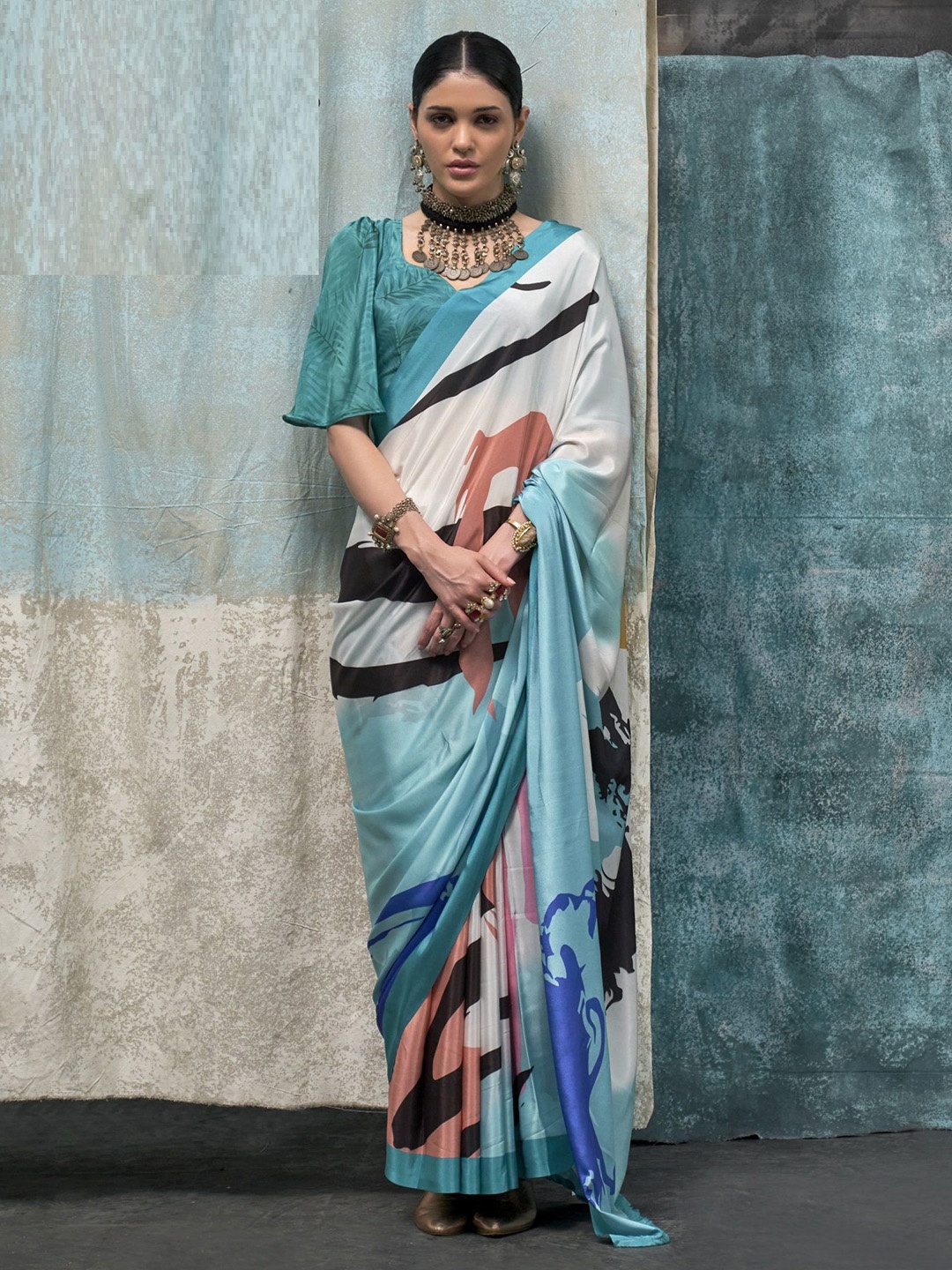 

MAHALASA Abstract Printed Satin Saree, Blue