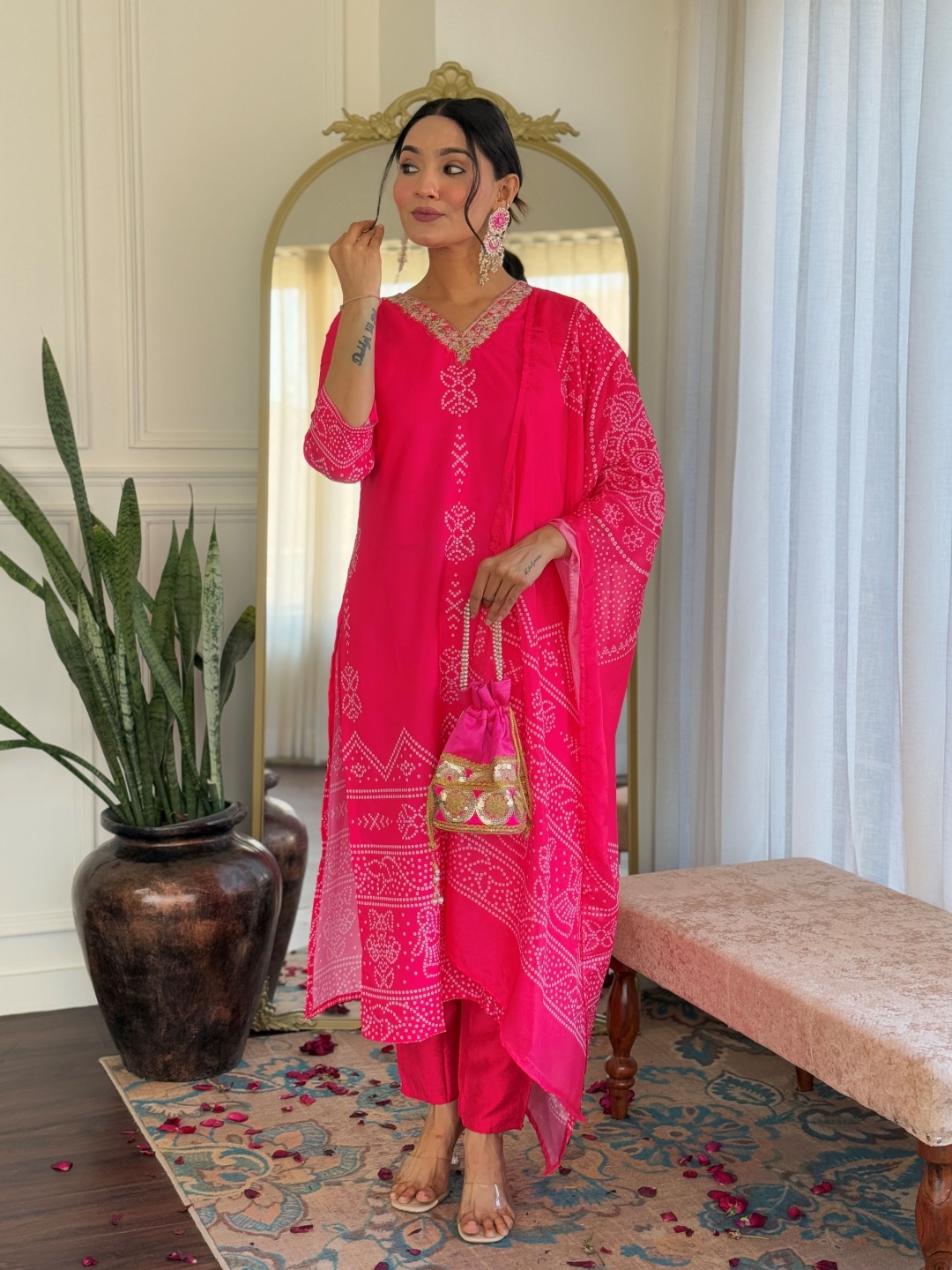 

KALINI Bandhani Printed V-Neck Straight Silk Crepe Kurta With Trousers And Dupatta, Pink