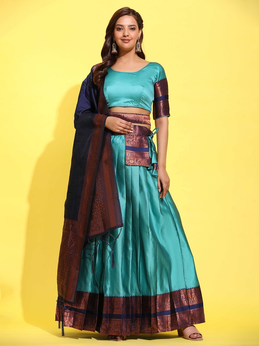 

MAGMINA Woven Design Zari Lichi Silk Unstitched Lehenga With Blouse & Dupatta, Turquoise blue
