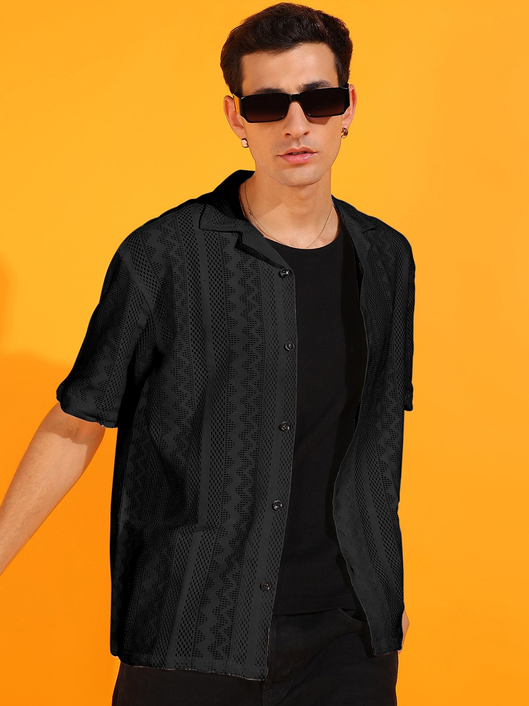 

INDICLUB Men Relaxed Fit Cuban Collar Textured Casual Shirt, Black