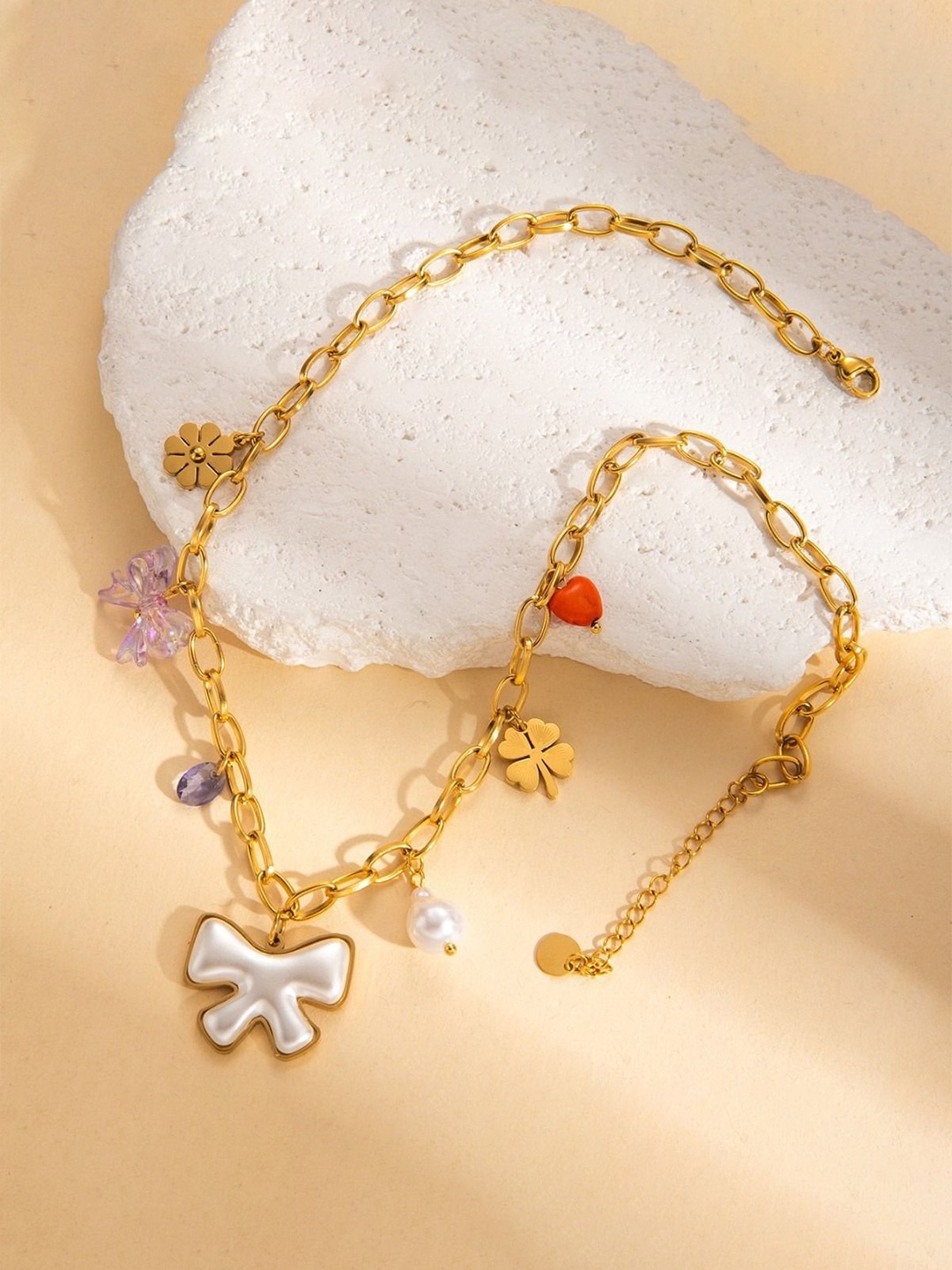 

VIEN Gold-Plated Artificial Stone Studded & Beaded Stainless Steel Statement Necklace