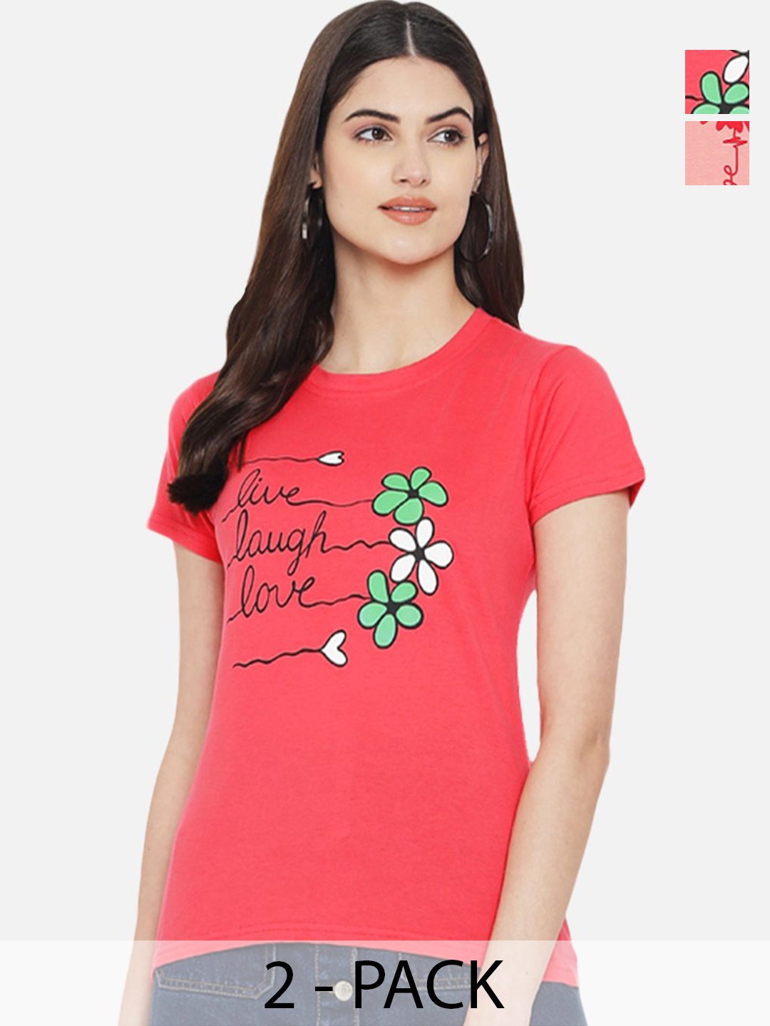 

Dreambe Women Pack Of 2 Graphic Printed Round Neck Cotton T-shirts, Pink