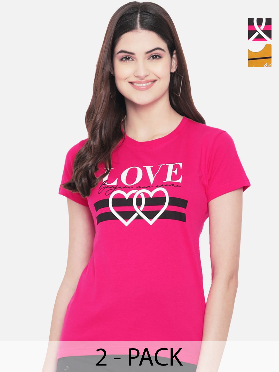 

Dreambe Women Pack Of 2 Typography Printed Round Neck Cotton T-shirts, Pink