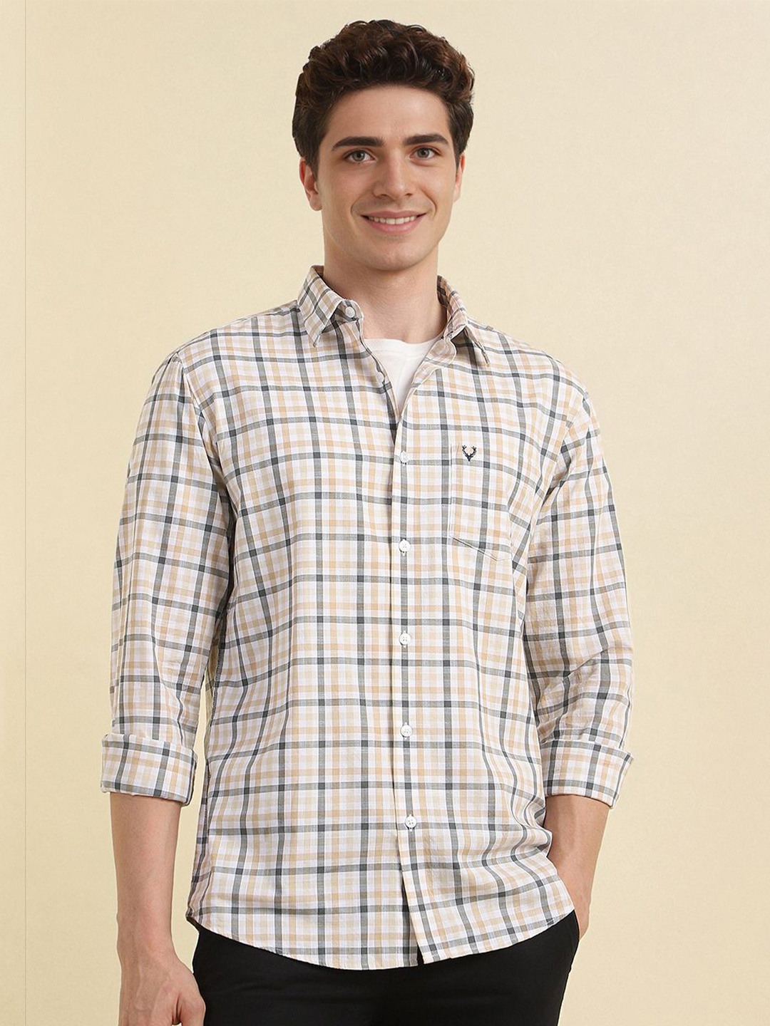 

Allen Solly Men Spread Collar Checked Cotton Casual Shirt, Beige