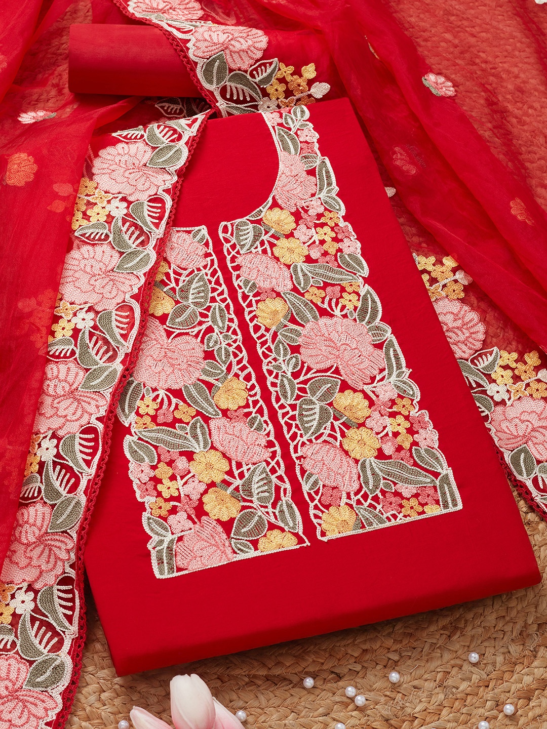 

Soch Floral Embroidered Modal Silk Thread Work Unstitched Dress Material, Red