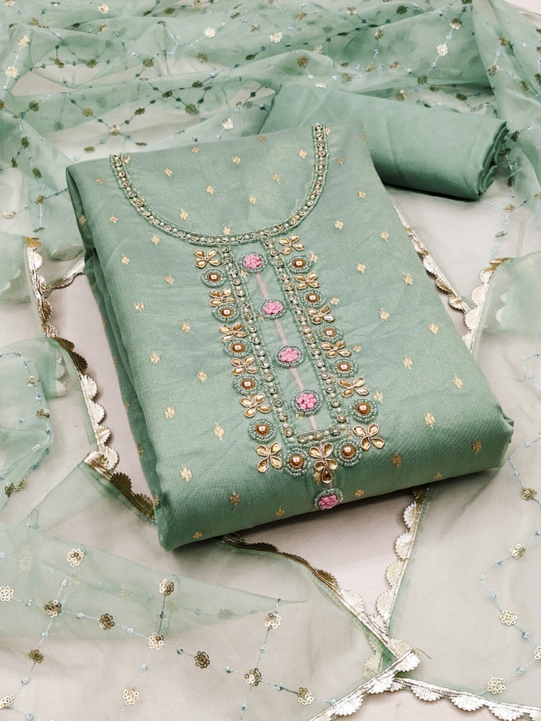 

ASISA Floral Woven Design Beads And Stones Organza Unstitched Dress Material, Turquoise blue